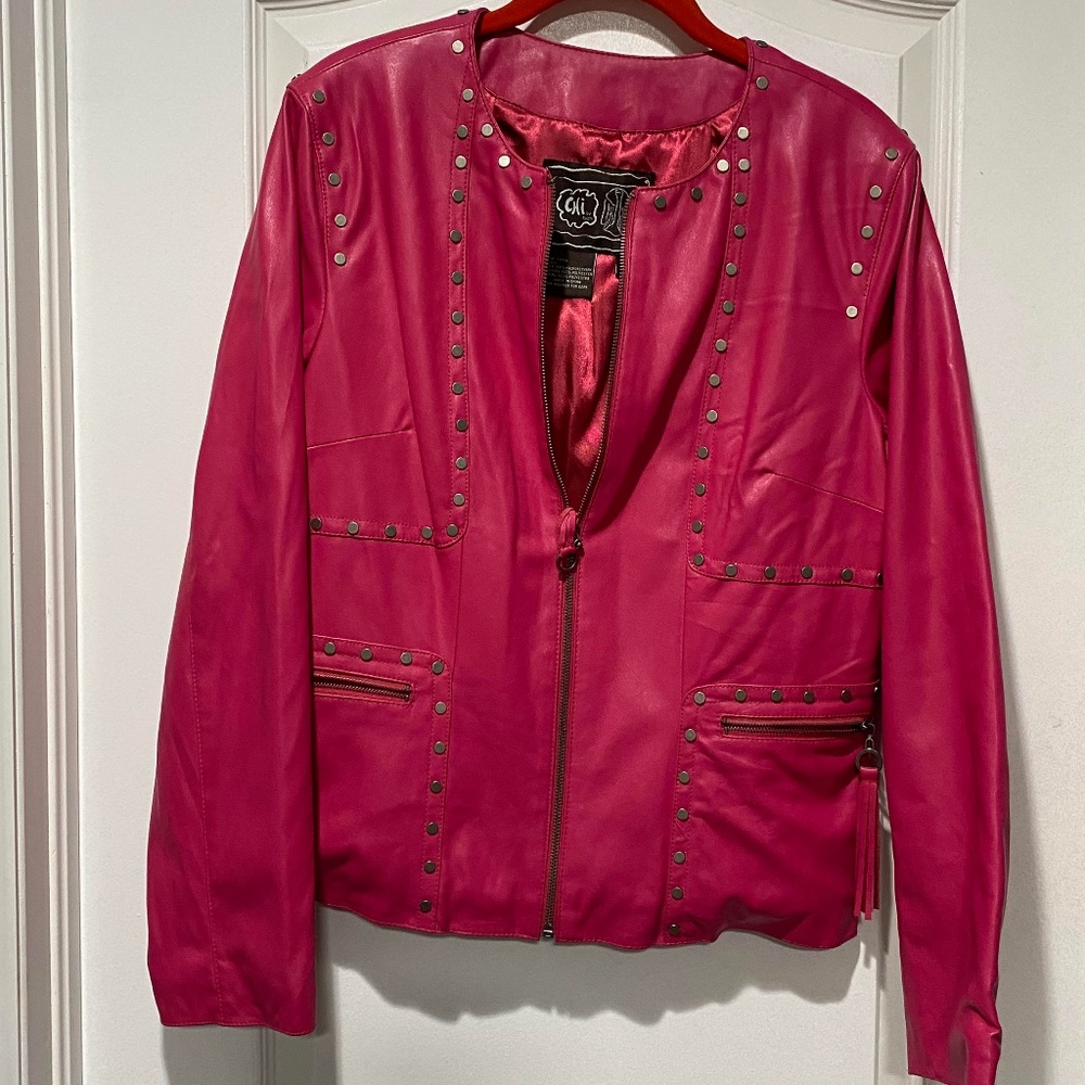 Pink Studded Leather Jacket-100% Leather